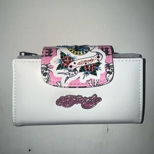 Ed Hardy White and Pink Women's Wallet with Hummingbird & Floral Accent